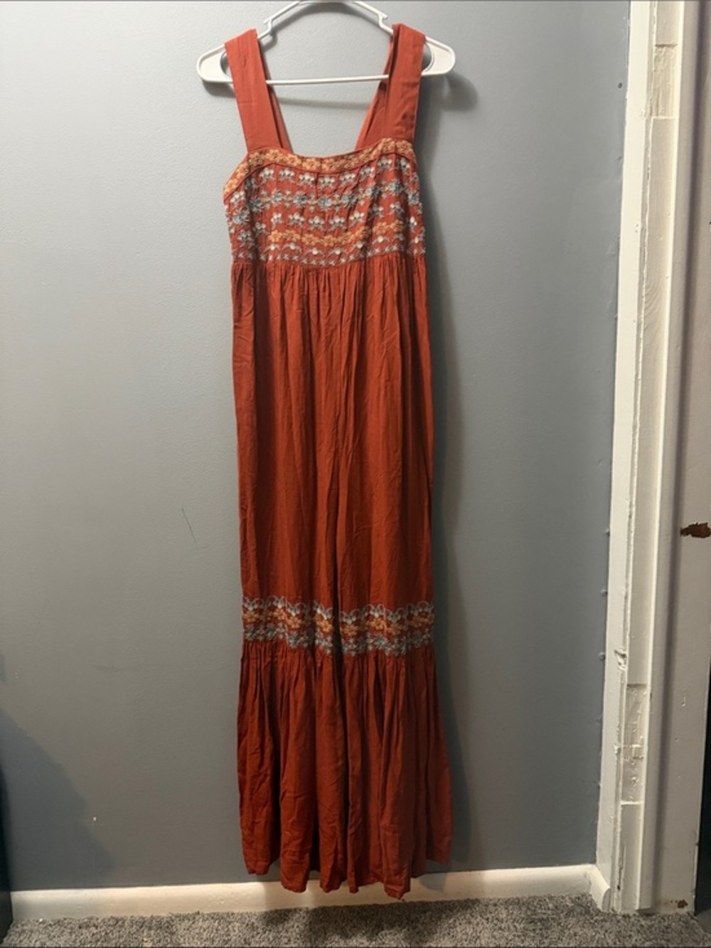 Rust Orange Embroidered Wide Leg Boho Jumpsuit